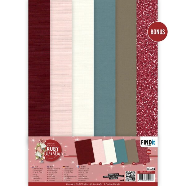 Linen Cardstock Pack - Precious Marieke - Ruby Christmas - A4 PM-4K-10032