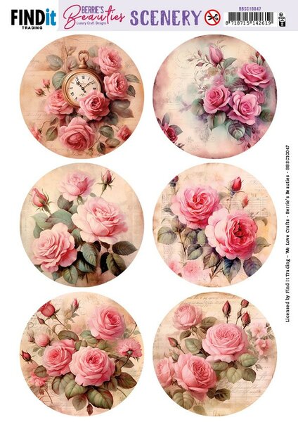 Push-Out Scenery - Berries Beauties - Pink Roses - Round BBSC10047