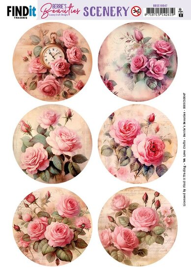 Push-Out Scenery - Berries Beauties - Pink Roses - Round BBSC10047